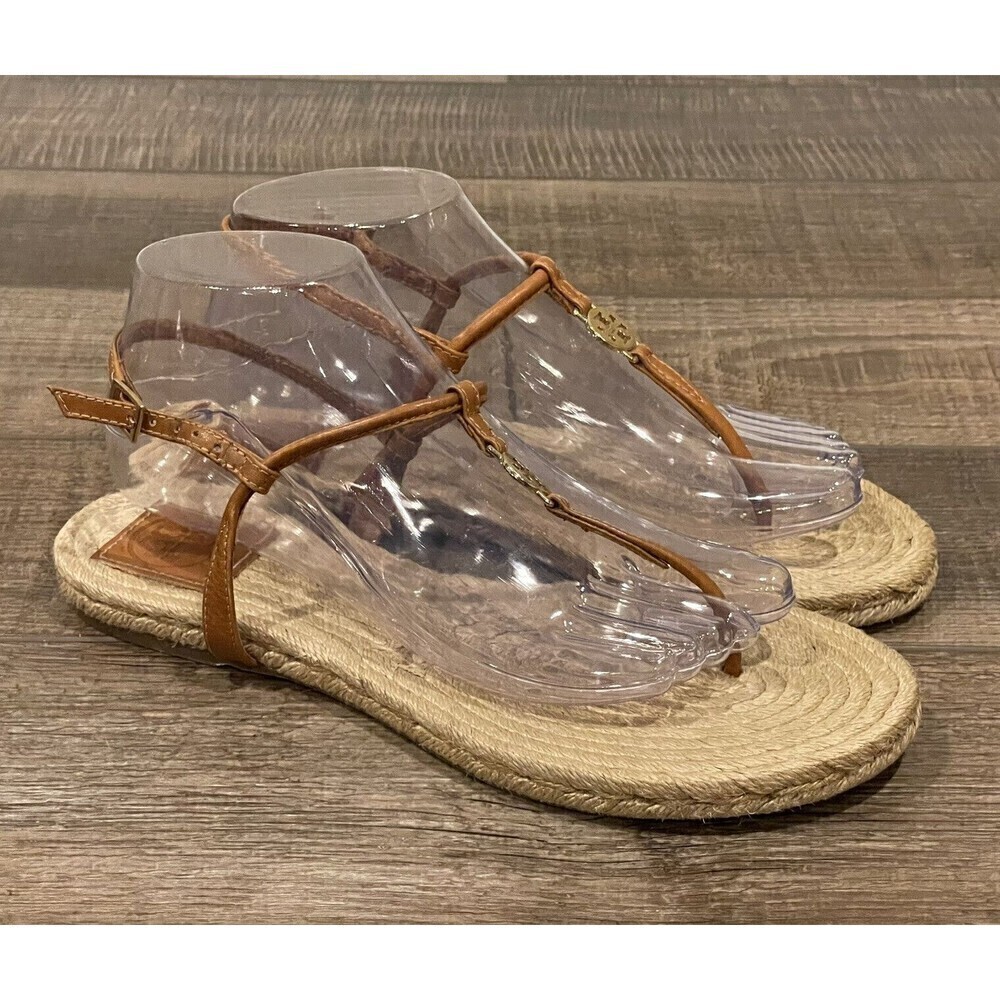 Tory Burch Brown Leather Emmy Flat Espadrilles Thong Sandals Size 8B Womens